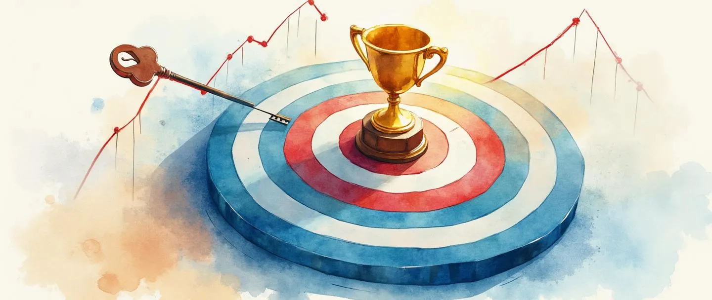 Uma pintura digital em aquarela de uma chave desbloqueando um alvo com círculos concêntricos, onde o centro contém um troféu. Uma linha de gráfico simples com tendência ascendente ao lado do alvo. Composição limpa com azuis e dourados vibrantes, representando áreas-chave de desempenho e conquista.