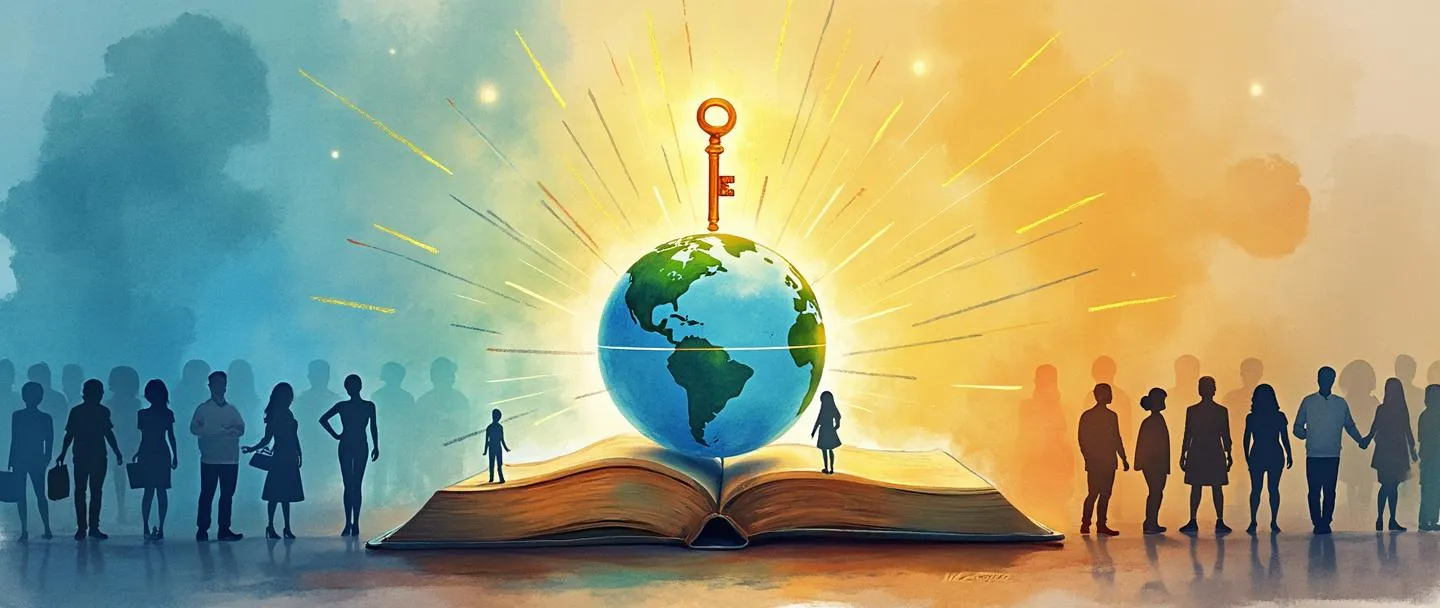 Uma pintura digital em aquarela de um livro aberto com raios de conhecimento emanando para fora, conectando-se a silhuetas diversas de pessoas. Acima flutua uma chave brilhante desbloqueando um globo, com pequenas escadas estendendo-se do livro até o globo. Composição simples com azuis vibrantes e amarelos quentes, representando sabedoria acessível e aprendizado compartilhado.