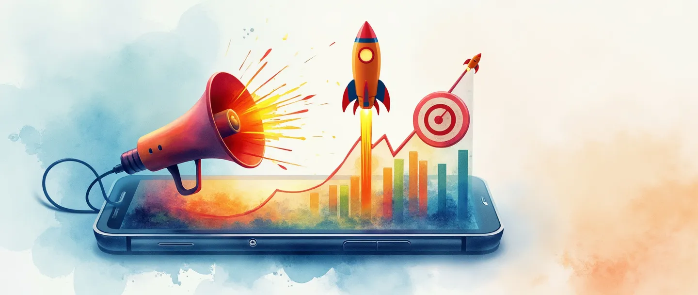 Uma pintura digital em aquarela de um smartphone exibindo um gráfico colorido, com um megafone emitindo ondas vibrantes que se conectam a um alvo com uma mira. Um pequeno foguete dispara para cima ao lado da linha do gráfico. Composição simples com tons suaves de azul e laranja, transmitindo o conceito de marketing de produto digital.