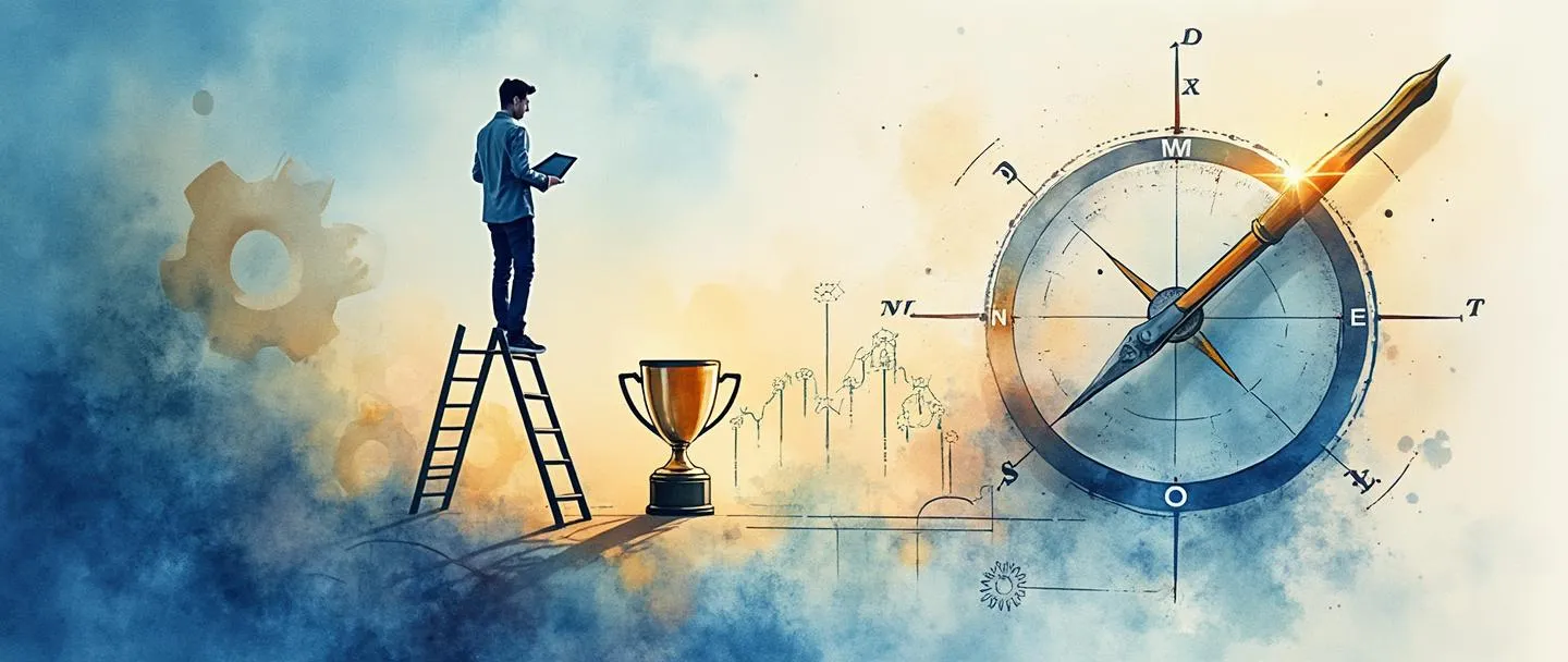 Uma pintura digital em aquarela de uma bússola guiando uma pessoa que sobe uma escada em direção a um alvo com um gráfico de tendência ascendente. Nas proximidades, um troféu brilha suavemente enquanto engrenagens conectam um projeto estratégico a métricas de desempenho. Composição simples com vibrantes tons de azul e dourado, profissional e ao mesmo tempo inspiradora.