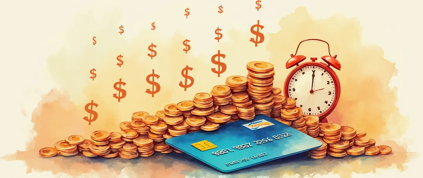 Uma pintura digital em aquarela de um cartão de crédito com parcelas de pagamento visíveis, com pequenos cifrões flutuando acima dele, gradualmente aumentando de tamanho para formar uma montanha de moedas. Um simples relógio aparece no fundo com símbolos de dinheiro em seus ponteiros, sugerindo juros acumulando ao longo do tempo. Composição vibrante, porém simples, com cores quentes.