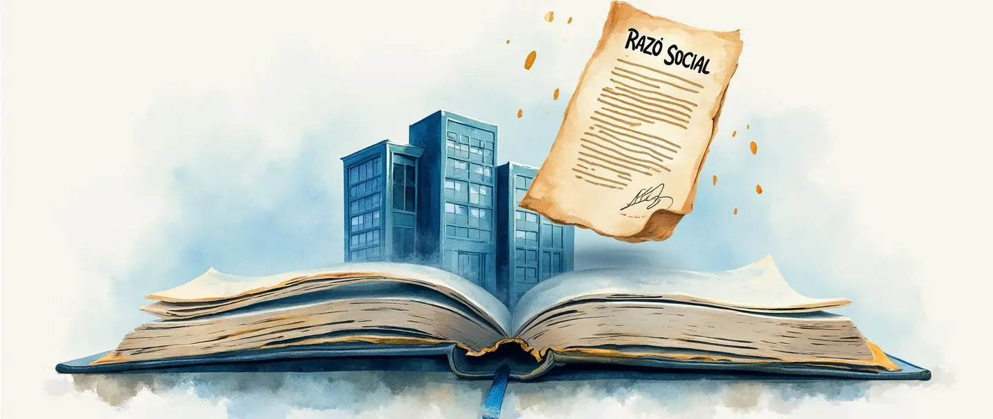 Uma pintura digital em aquarela de um livro aberto com "Razão Social" escrito na capa, transformando-se em um edifício de escritórios. Um contrato com uma assinatura e carimbo oficial flutua acima, conectado ao edifício por um sutil fio dourado. Composição simples, tons profissionais de azul, conceito de identidade jurídica.