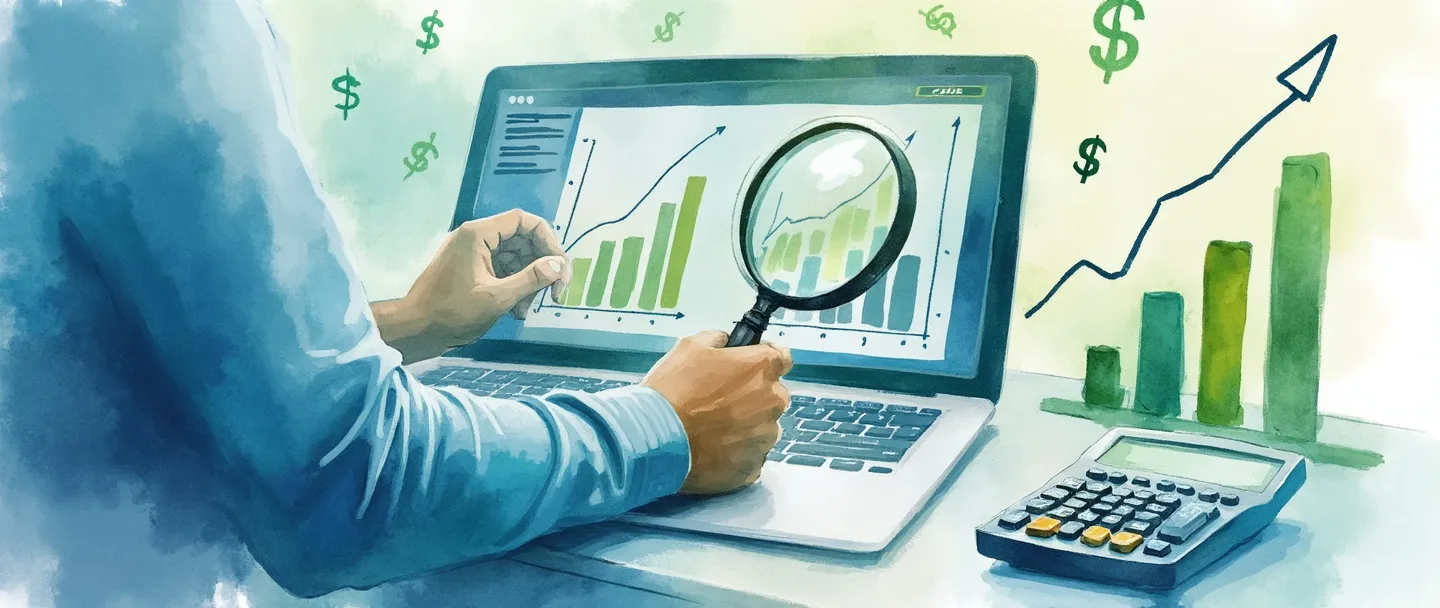 Uma pintura digital em aquarela de uma pessoa analisando gráficos financeiros em uma tela de computador, com uma calculadora e símbolos de dinheiro flutuando por perto. Uma lupa paira sobre um gráfico de barras em ascensão, simbolizando análise financeira. Composição simples com tons de azul e verde, transmitindo percepção profissional e crescimento financeiro.