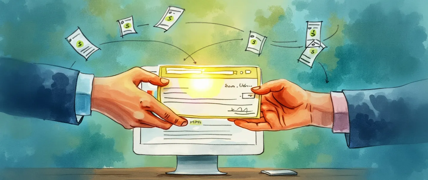 Uma pintura digital em aquarela de duas mãos trocando um cheque de comissão brilhante, com um computador mostrando uma rede de sites conectados no fundo. Símbolos de dinheiro flutuam entre os sites, ilustrando o fluxo de marketing de afiliados. Composição simples com vibrantes tons de azul e verde, transmitindo parceria e ganhos online.