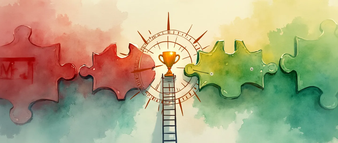 Uma pintura digital em aquarela de uma bússola guiando um caminho através de peças de quebra-cabeça em movimento, com engrenagens se transformando de vermelho para verde. Uma escada leva para cima em direção a um alvo com um troféu no centro. Composição simples com transições suaves em tons quentes, representando objetivos de gestão de mudanças.