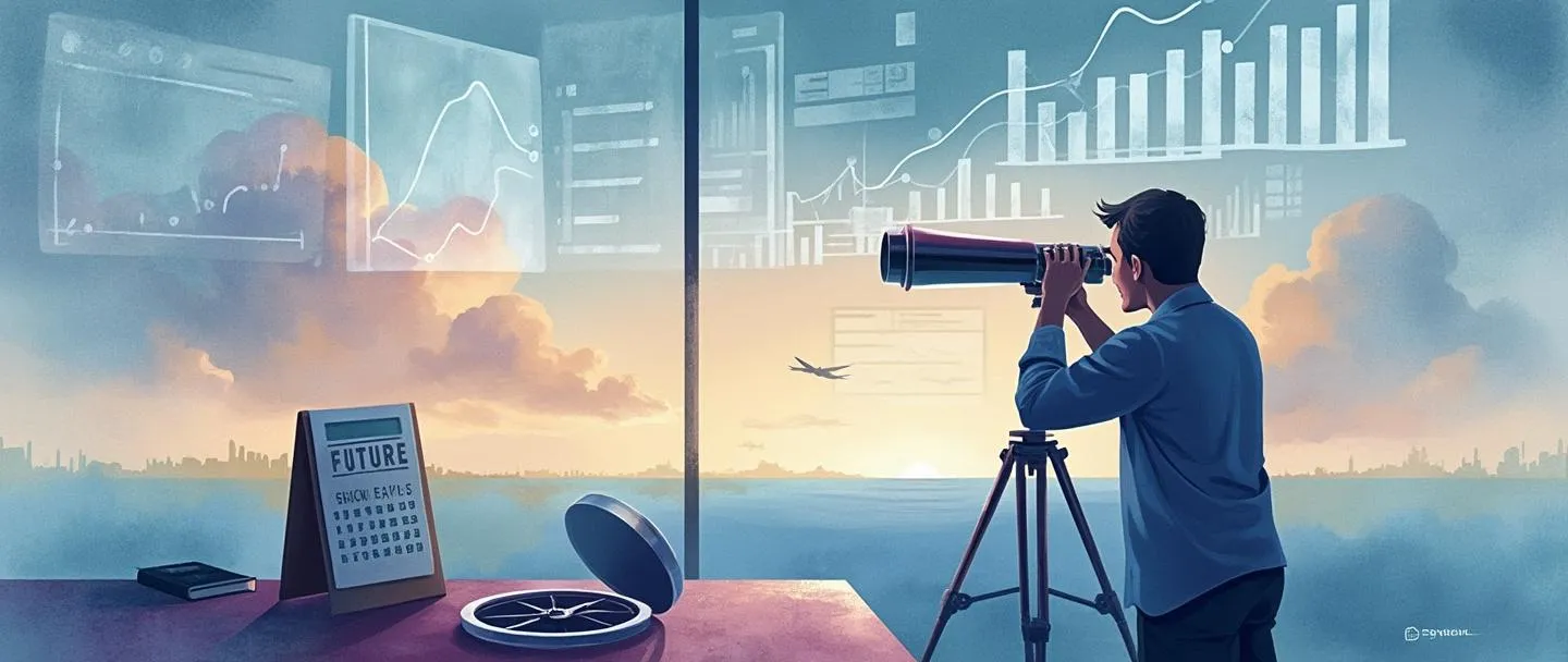 Uma pintura digital em aquarela de uma pessoa olhando através de um telescópio em direção a um horizonte onde gráficos e tabelas flutuam como nuvens. Uma bússola repousa sobre uma mesa ao lado dela, com um calendário mostrando datas futuras. Composição simples com tons suaves de azul e roxo, transmitindo visão estratégica e planejamento.