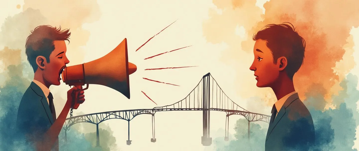 Uma pintura digital em aquarela de uma pessoa falando em um megafone, com ondas sonoras alcançando um ouvido atento. Entre eles, uma ponte conecta dois lados. Silhueta simples de um prédio de escritórios ao fundo. Cores quentes e profissionais transmitindo comunicação e conexão.
