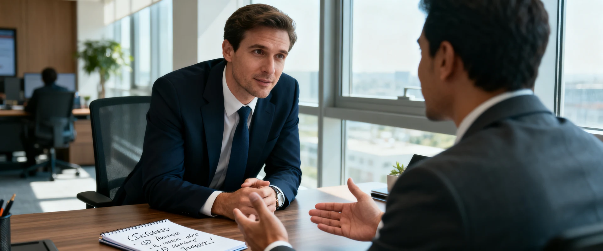 Perguntas abertas: como usar esse recurso para vender melhor e entender o cliente Fotografia editorial ultra-realista de consultor de vendas em escritório moderno tendo conversa genuína com cliente, mostrando linguagem corporal autêntica de engajamento e confiança, capturada com Canon EOS R5 em luz natural.