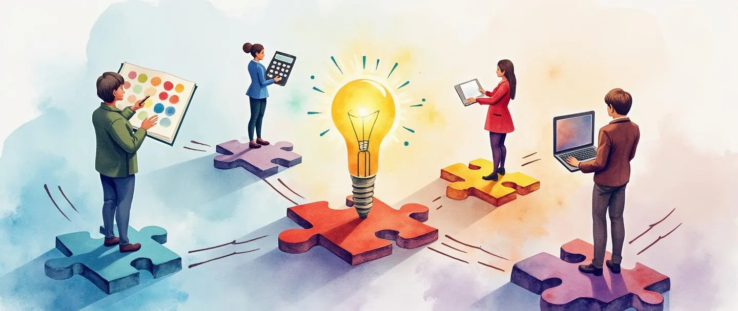 Uma pintura digital em aquarela de pessoas diversas em pé sobre peças de quebra-cabeça conectadas, cada uma segurando diferentes talentos - um pincel, uma calculadora, uma lâmpada e um computador. Um hub central as conecta com caminhos brilhantes. Composição simples com cores vibrantes transmitindo colaboração e networking de habilidades.