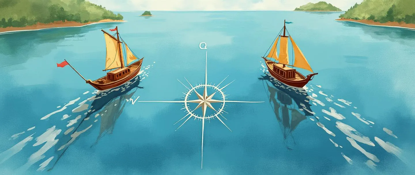 Uma pintura digital em aquarela de dois barcos de cores diferentes navegando em caminhos paralelos em direção a ilhas separadas, com uma rosa dos ventos entre eles mostrando diferentes direções. Um barco tem uma pequena bandeira, enquanto o outro tem um padrão distintivo na vela. Composição simples com água azul e litorais distantes.