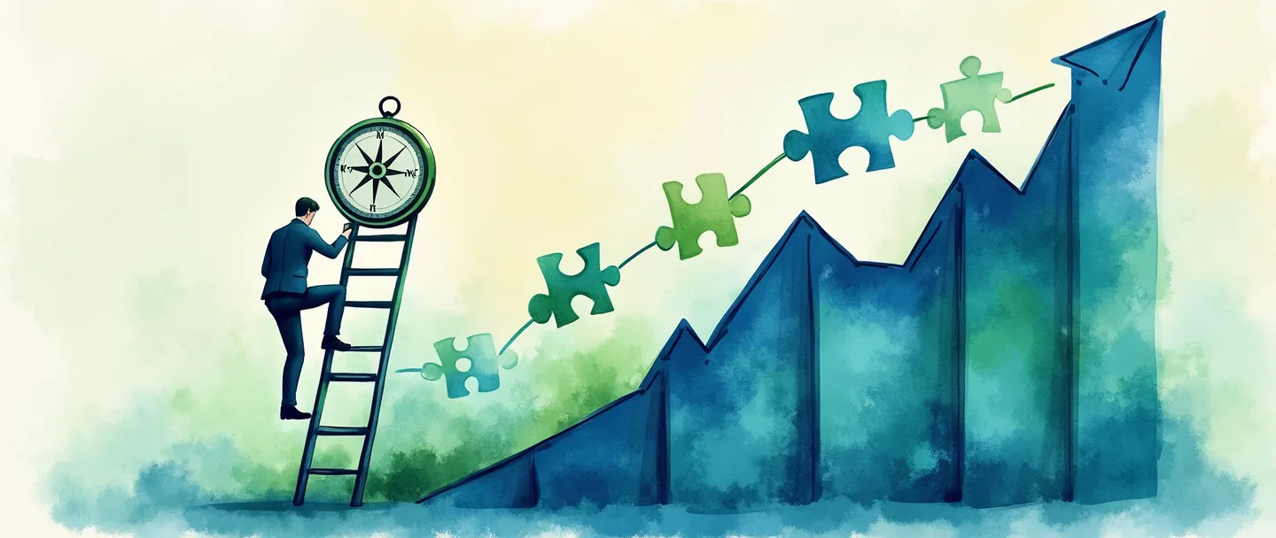 Uma pintura digital em aquarela de uma pessoa de negócios subindo uma escada ao lado de um gráfico de participação de mercado em ascensão. Uma bússola guia o caminho para cima enquanto peças de quebra-cabeça se conectam para formar um caminho estratégico. Composição simples com vibrantes tons de azul e verde, transmitindo planejamento e crescimento.
