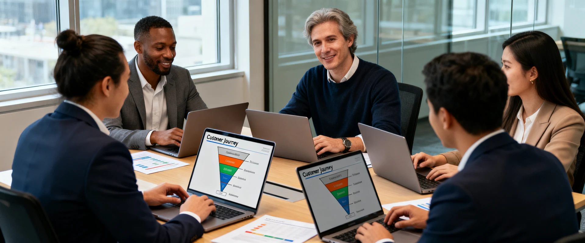 Funil de vendas: 4 formatos para atrair e converter mais leads Equipe de negócios diversificada colaborando em mesa de conferência com laptops e gráficos de jornada do cliente, fotografia editorial profissional em ambiente corporativo moderno com luz natural.