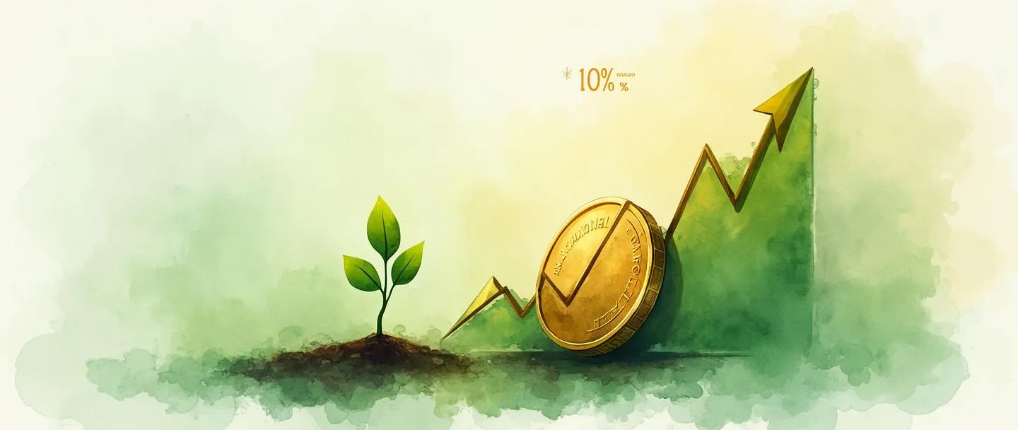 Uma pintura digital em aquarela de uma moeda dourada se transformando em um gráfico com tendência ascendente, com um símbolo de porcentagem pairando acima. Uma pequena muda cresce ao lado do gráfico, representando o crescimento do investimento. Composição simples com tons de verde e dourado, transmitindo o conceito de retorno financeiro.