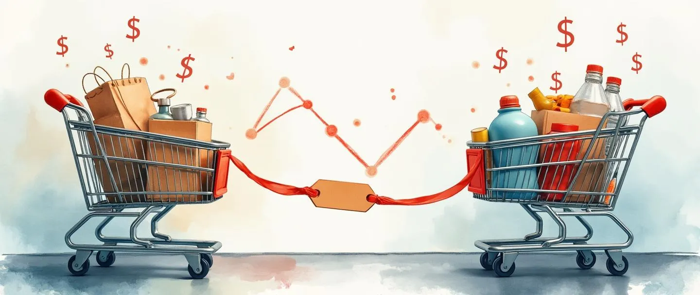 Uma pintura digital em aquarela de uma etiqueta de preço elástica esticada entre dois carrinhos de compras - um transbordando de produtos e outro quase vazio. Uma linha de gráfico simples curva-se para baixo no fundo, com cifrões flutuando acima. Composição limpa, cores suaves, visualização de conceito econômico.