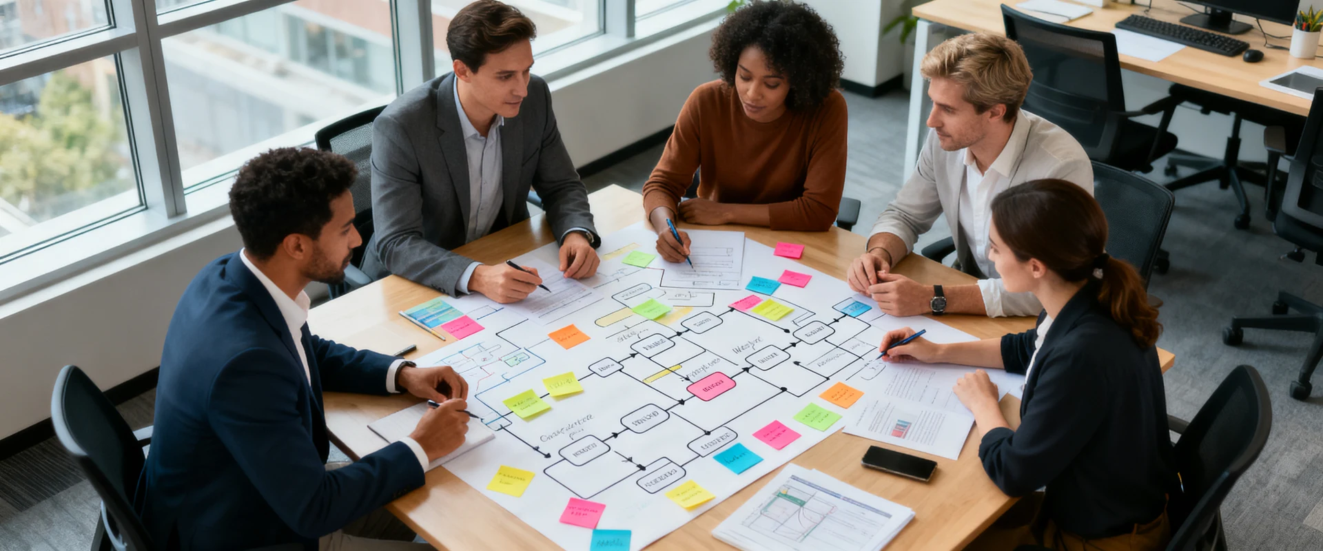 Equipe de negócios diversificada colaborando em mesa com fluxogramas, notas adesivas e diagramas de processos em escritório moderno. Fotografia editorial ultra-realista com luz natural e detalhes nítidos.