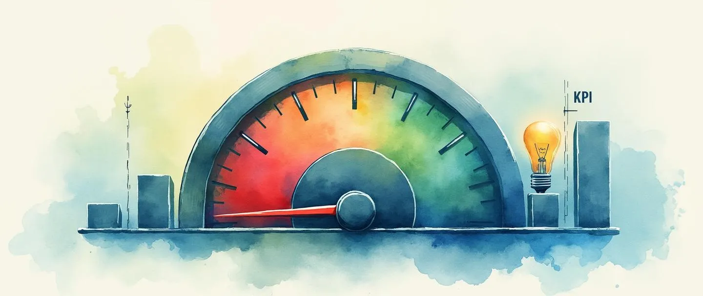 Uma pintura em aquarela digital de um medidor horizontal com uma linha de limite vermelha atravessando-o. Acima do medidor, um gráfico de barras simples com uma barra cruzando uma linha pontilhada marcada como "KPI". Uma pequena lâmpada brilha próxima, sugerindo insight. Design limpo com elementos mínimos, usando tons de azul e verde para métricas normais e vermelho para os limites.