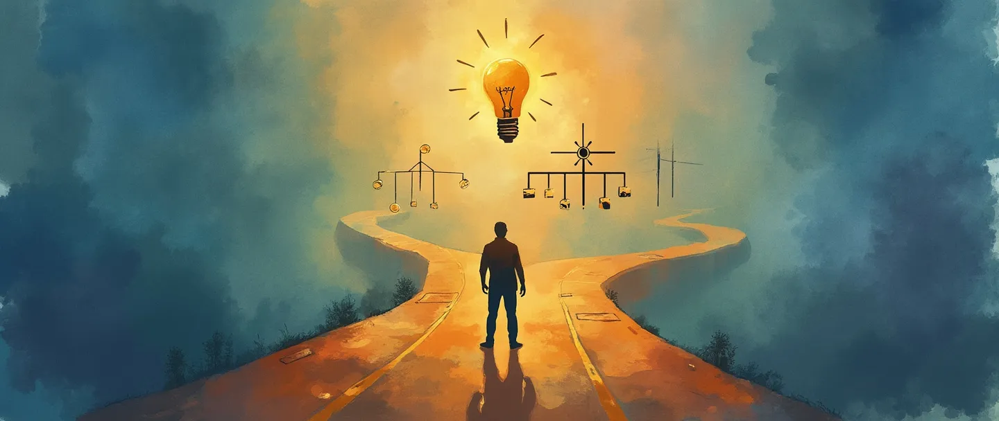 Uma pintura digital em aquarela de uma pessoa em pé em uma encruzilhada, olhando para múltiplos caminhos à frente. Acima dela, uma lâmpada brilha com clareza enquanto uma bússola aponta o caminho. Um diagrama simples de árvore de decisão flutua próximo, com um caminho destacado em dourado. Cores quentes e pensativas transmitem apoio e orientação na tomada de decisões.