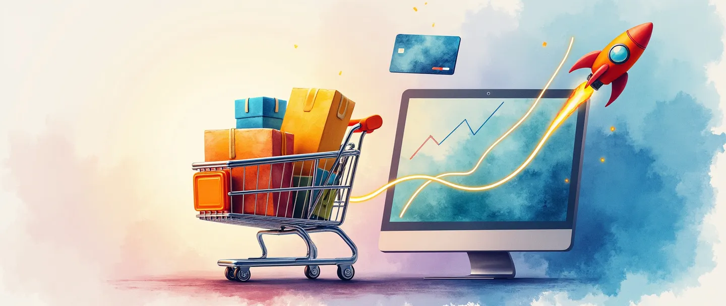 Uma pintura digital em aquarela de um carrinho de compras cheio de pacotes coloridos, conectado por linhas brilhantes a um computador e smartphone. Um gráfico em ascensão e um cartão de crédito pairam nas proximidades, enquanto um pequeno foguete simboliza crescimento. Composição simples com cores vibrantes capturando a essência do marketing de e-commerce.