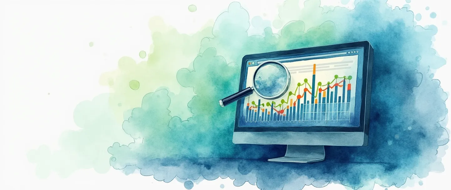 Uma pintura digital em aquarela de uma tela de computador exibindo uma página da web com uma lupa pairando sobre ela, revelando gráficos analíticos coloridos e padrões de dados por baixo. Composição simples com tons vibrantes de azul e verde, transmitindo o conceito de análise de página web em um estilo elegante e minimalista.