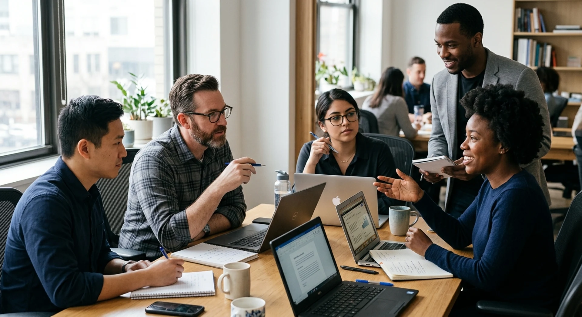 Dinâmica de comunicação: 6 maneiras de aprimorar a comunicação dentro da sua equipe Fotografia editorial ultra-realista de equipe profissional diversa colaborando em reunião de negócios ao redor de mesa com laptops e notebooks, luz natural de janela, foco nítido, alta resolução, momento autêntico capturado em Canon EOS R5.