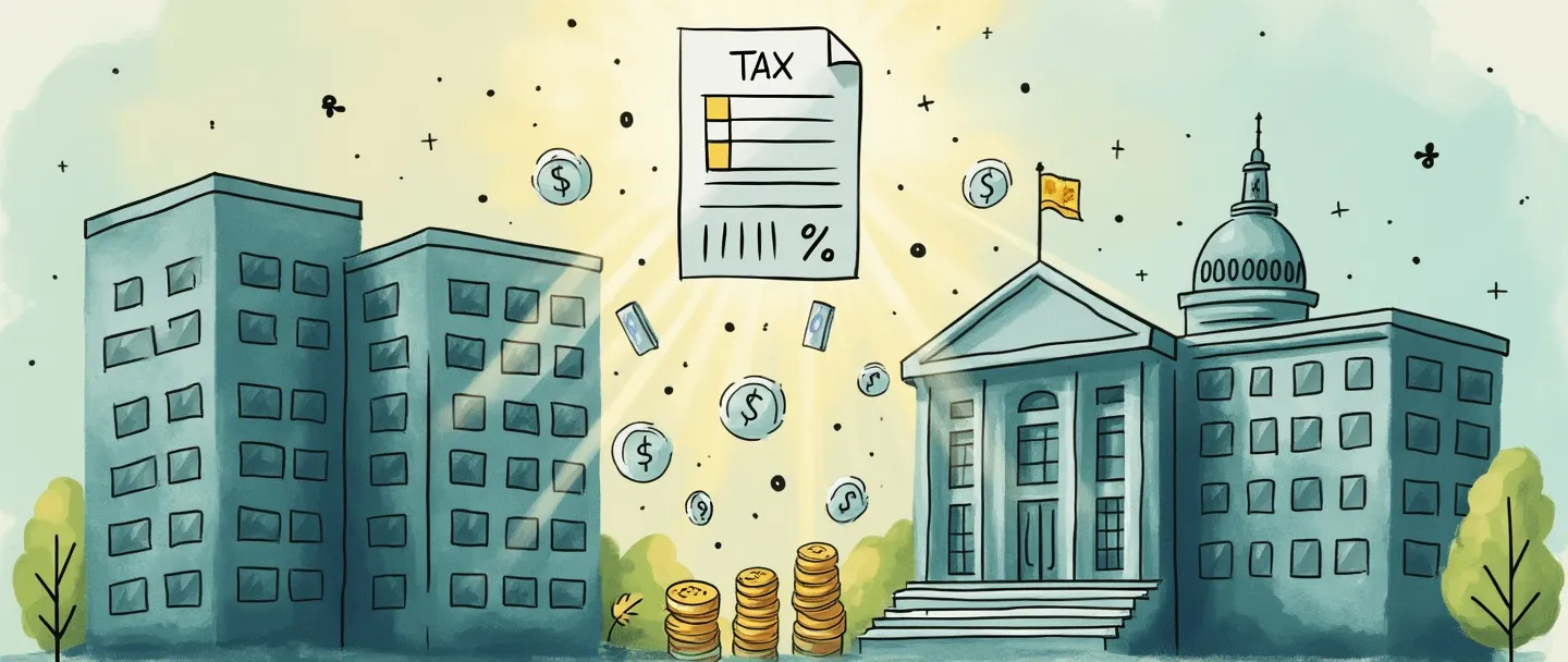 Uma pintura digital em aquarela de um edifício corporativo com cifrões e moedas fluindo para um prédio governamental. Um formulário de imposto simplificado flutua entre eles com um símbolo de porcentagem. Linhas limpas, tons suaves de azul e verde, detalhes mínimos, transmitindo o conceito de tributação empresarial.