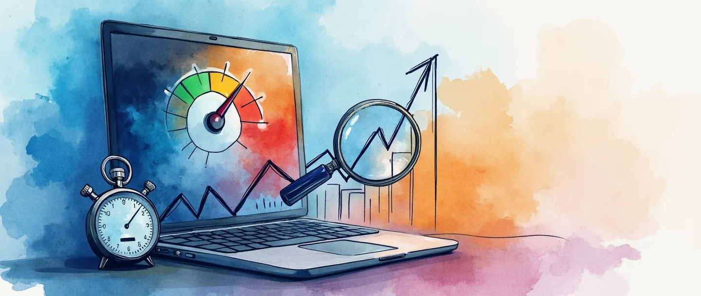 Uma pintura digital em aquarela de um computador com um velocímetro na tela mostrando desempenho rápido. Uma linha de gráfico simplificada com tendência ascendente aparece ao lado. Um cronômetro e uma lupa pairam nas proximidades, examinando o gráfico. Cores limpas e vibrantes com uma composição simples transmitindo otimização e análise de websites.