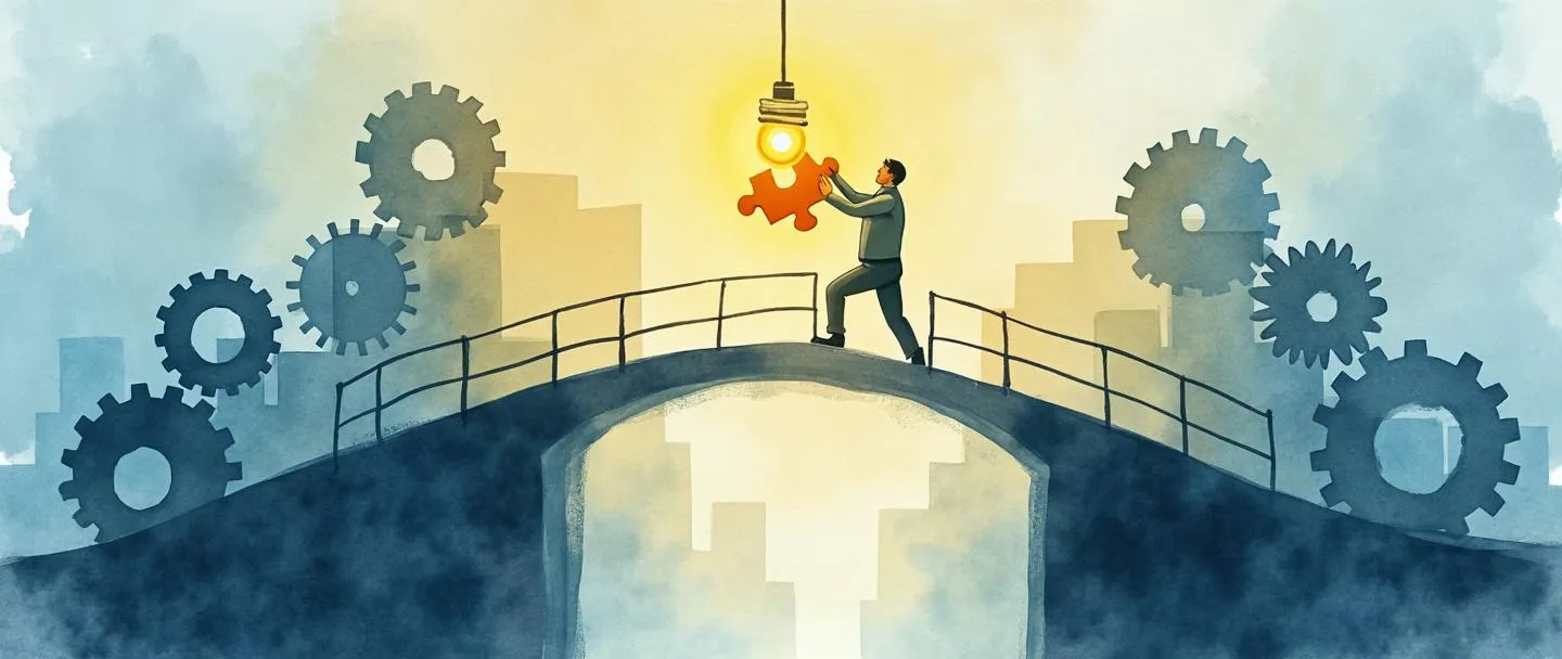 Uma pintura digital em aquarela de uma pessoa de negócios colocando a peça final de quebra-cabeça em uma estrutura de edifício corporativo. Engrenagens giram suavemente ao redor da cena enquanto uma lâmpada brilha acima, iluminando uma ponte que conecta um problema de um lado a uma solução do outro. Composição simples com tons suaves de azul e amarelos quentes, transmitindo a implementação de soluções corporativas.