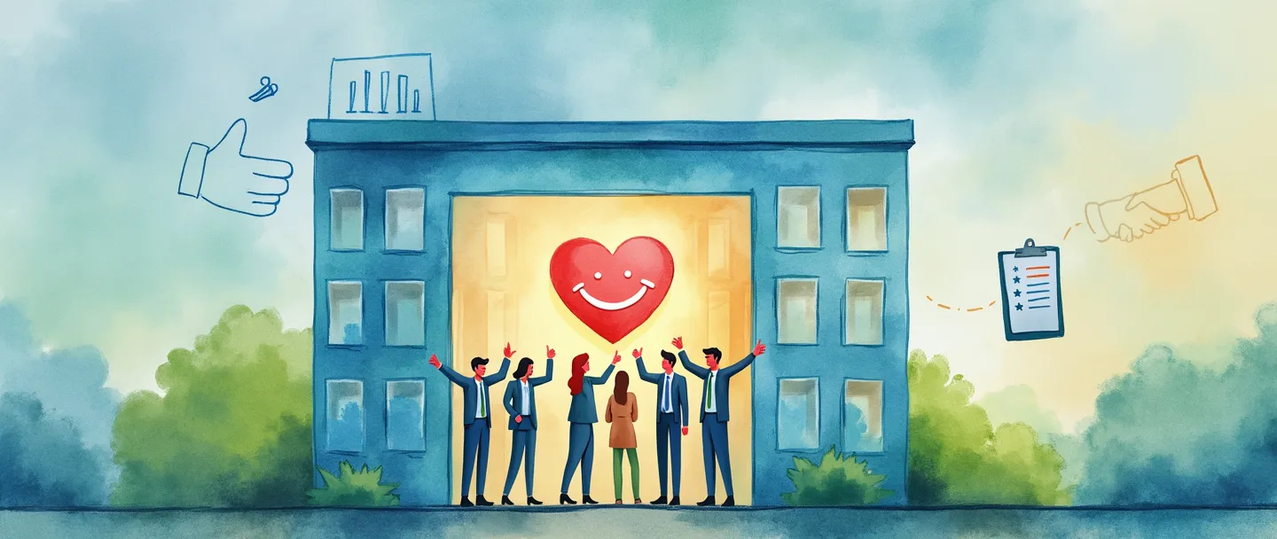 Uma pintura digital em aquarela de um prédio de escritórios sorridente com um coração em seu centro. Dentro, funcionários fazem sinal de positivo ao redor de um gráfico de barras simples mostrando altos níveis de satisfação. Uma prancheta com classificação por estrelas e um símbolo de aperto de mãos flutuam por perto. Tons suaves de azul e verde criam uma atmosfera positiva e harmoniosa.