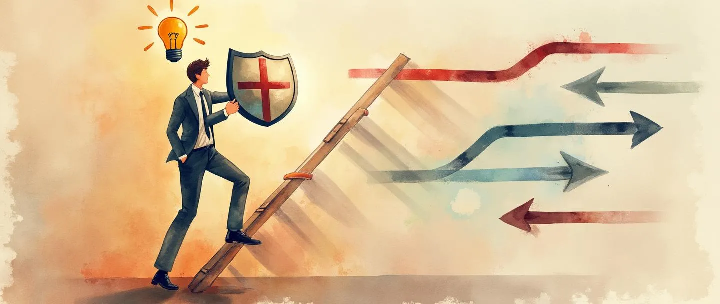 Uma pintura digital em aquarela de uma pessoa segurando com confiança um escudo que desvia objeções representadas como flechas, enquanto sobe uma escada em direção a um alvo. Uma lâmpada brilha acima de sua cabeça, sugerindo pensamento estratégico. Composição simples com cores quentes, profissional mas acessível.