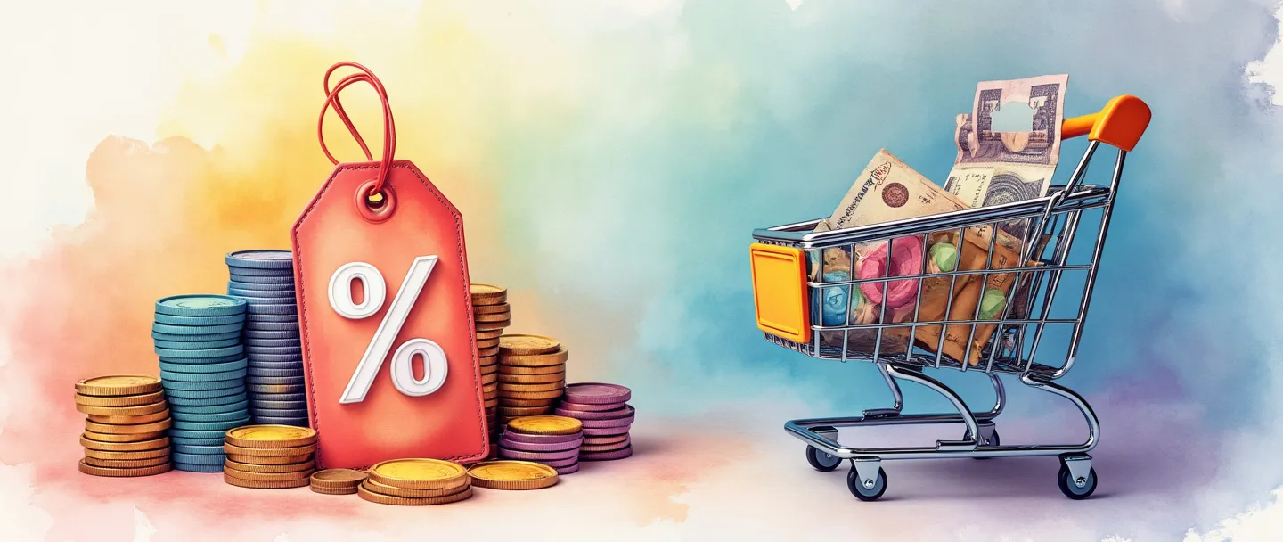 Uma pintura digital em aquarela de uma etiqueta de preço com um símbolo de porcentagem e uma seta para baixo, cercada por moedas e notas coloridas. Um carrinho de compras ao fundo contém produtos com adesivos de desconto. Composição simples com cores vibrantes transmitindo economia promocional.