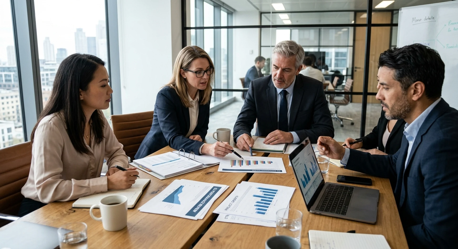 Como funciona uma consultoria empresarial na prática passo a passo Fotografia editorial ultra-realista de reunião de negócios com consultores e executivos analisando documentos e gráficos em mesa de conferência, luz natural, foco nítido, alta resolução, capturada em Canon EOS R5.