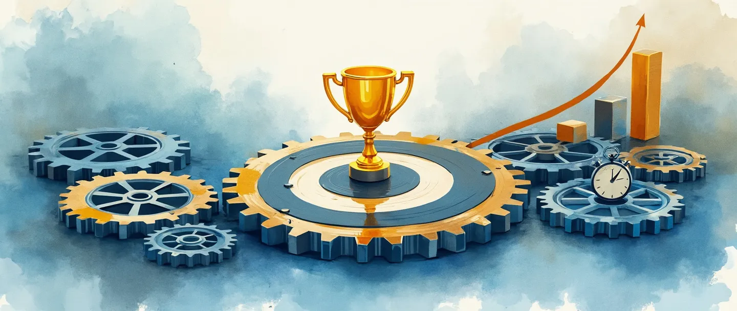 Uma pintura digital em aquarela de engrenagens interconectadas fluindo em direção a um alvo com um troféu em seu centro. Um cronômetro e uma curva de gráfico ascendente sobem ao lado das engrenagens. Composição simples com vibrantes tons de azul e dourado, transmitindo eficiência e conquista.