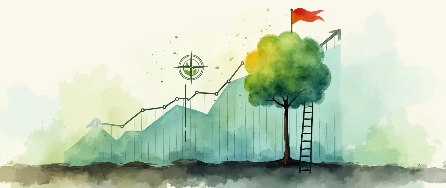 Uma pintura digital em aquarela de uma muda crescendo e se transformando em uma árvore, com um gráfico de tendência ascendente ao fundo. Uma bússola aponta o caminho enquanto uma escada se apoia na árvore, levando a uma pequena bandeira no topo. Composição simples com tons suaves de verde e azul, representando planejamento de crescimento e direção estratégica.