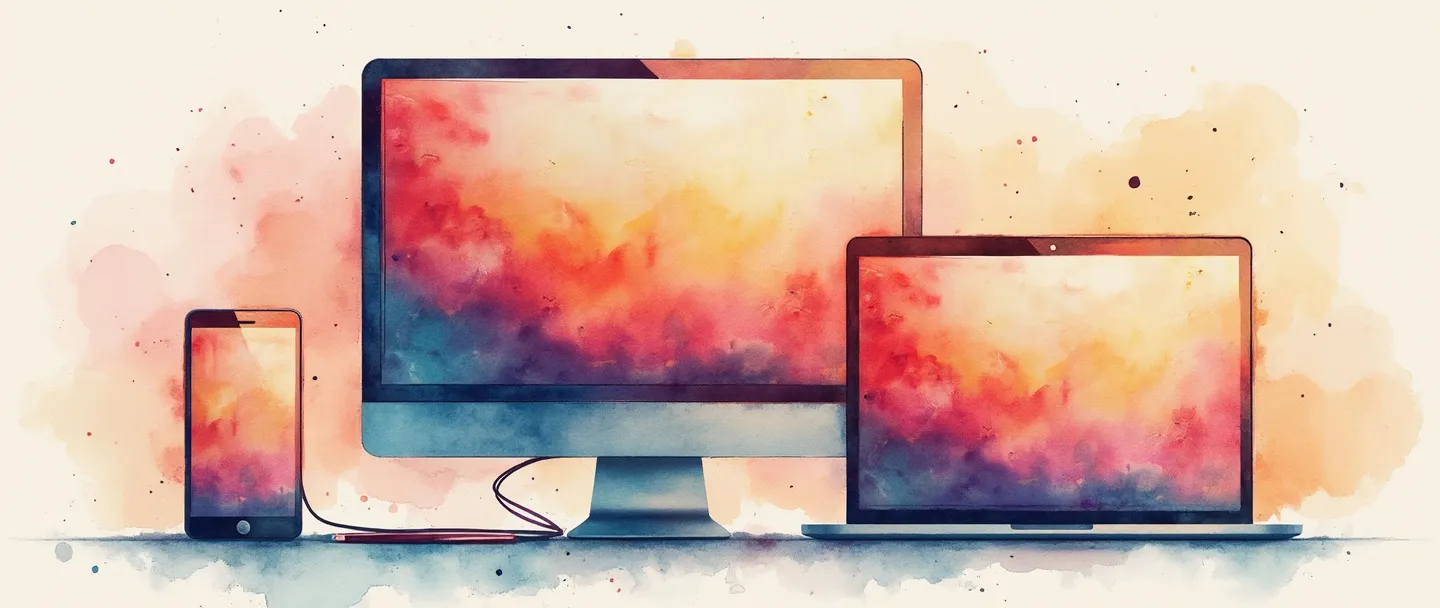 Uma pintura digital em aquarela mostrando um design de site responsivo exibido em três dispositivos: um computador, um tablet e um smartphone. Cada tela mostra o mesmo site se adaptando a diferentes tamanhos. Linhas simples e fluidas conectam os dispositivos, com um pincel adicionando toques coloridos para representar flexibilidade e adaptabilidade. Estilo vibrante, porém minimalista, com texturas suaves de aquarela.