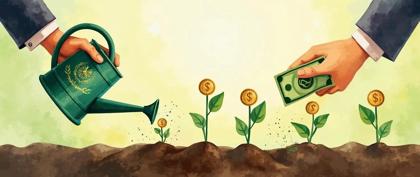 Uma pintura digital em aquarela de mãos governamentais plantando sementes de dinheiro no solo, com pequenos brotos verdes crescendo e se transformando em plantas maiores com flores de moedas. Um regador rotulado com um selo governamental nutre o crescimento. Composição simples com tons terrosos quentes e vibrantes verdes de moeda.