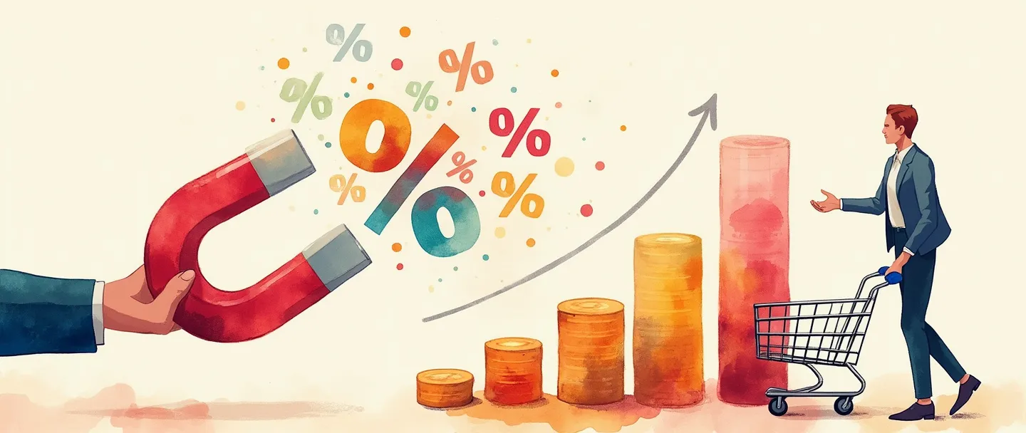 Uma pintura digital em aquarela de um ímã atraindo símbolos de porcentagem coloridos e moedas, com um carrinho de compras próximo. Um gráfico de barras simples mostra valores crescentes, enquanto um aperto de mãos conecta uma pessoa de negócios com um cliente. Cores quentes e convidativas com um fundo limpo para enfatizar o conceito de taxa de atratividade de ofertas.
