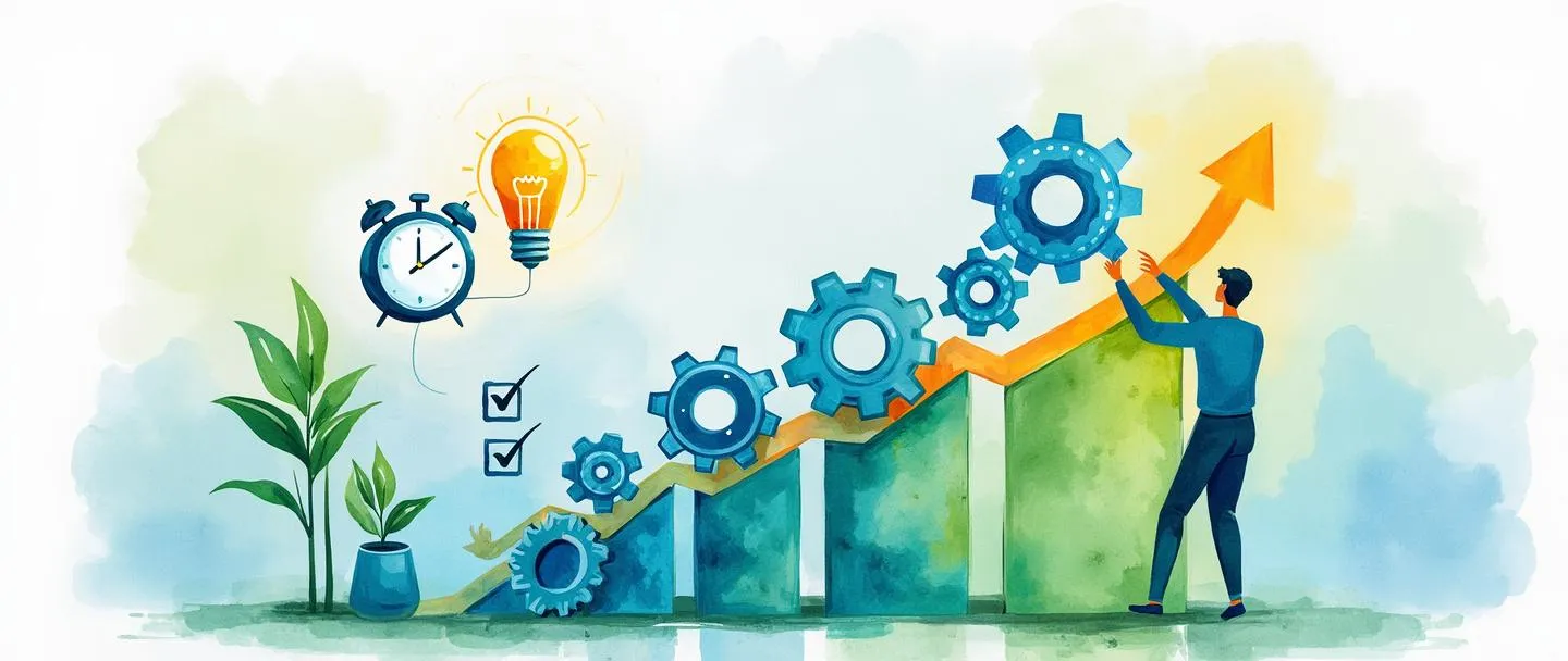 Uma pintura digital em aquarela de uma pessoa organizando eficientemente engrenagens em um gráfico com tendência ascendente. Um relógio e uma lâmpada pairam nas proximidades, enquanto uma lista de verificação completa mostra o progresso. Composição simples com vibrantes tons de azul e verde, transmitindo otimização de produtividade através de um fluxo de trabalho simplificado.