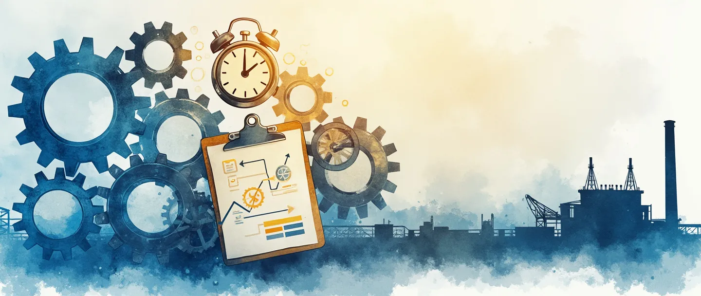 Uma pintura digital em aquarela de engrenagens interconectadas em tons de azul e dourado, com uma prancheta mostrando um fluxograma em primeiro plano. Um cronômetro e um calendário pairam nas proximidades, enquanto a silhueta de uma fábrica aparece em foco suave no fundo. Composição simples com linhas limpas, representando processos de gestão operacional.
