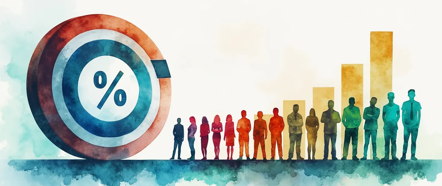 Uma pintura digital em aquarela de um ímã atraindo silhuetas humanas coloridas em direção a um alvo com um símbolo de porcentagem no centro. Um gráfico de barras simplificado se eleva no fundo, com a barra mais alta destacada em dourado. Linhas limpas, azuis e verdes vibrantes, estilo profissional, porém acessível.