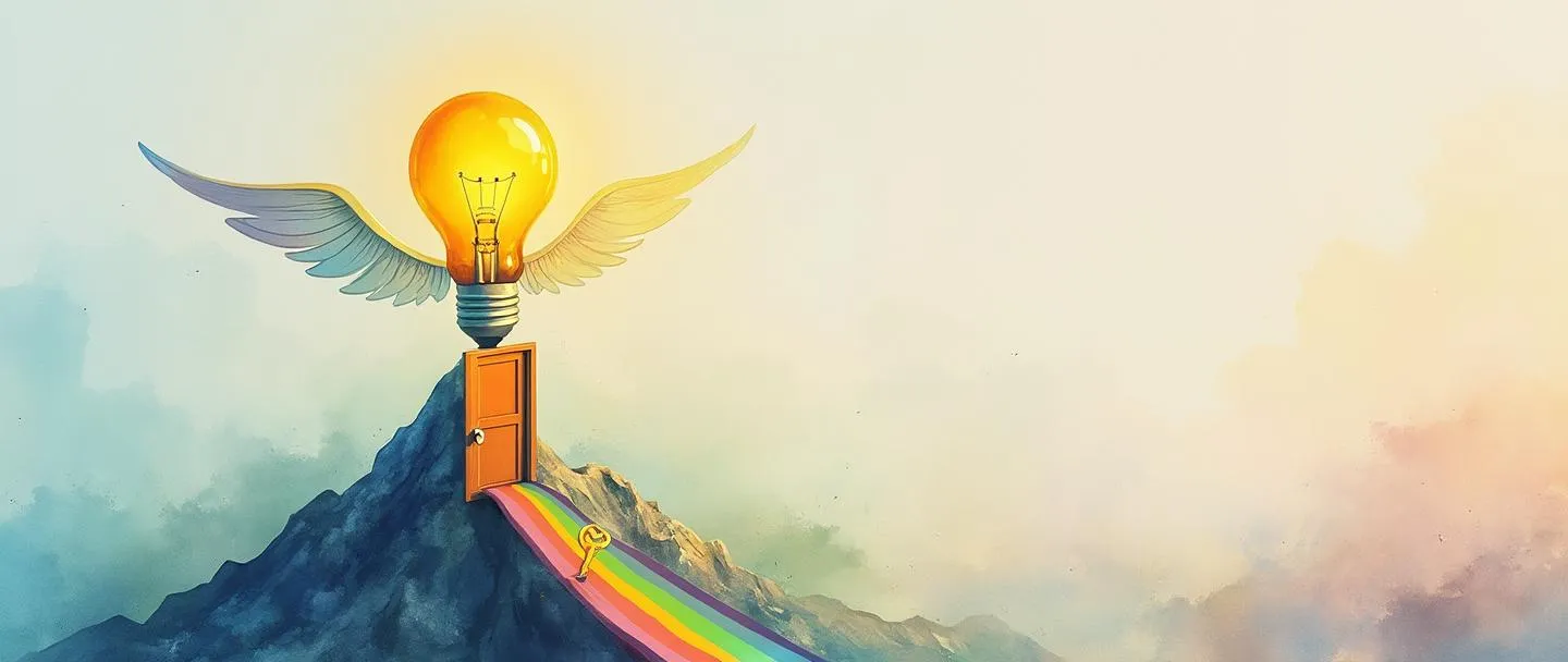 Uma pintura digital em aquarela de uma lâmpada com asas brotando, flutuando acima de uma porta aberta. Através da porta, uma ponte de arco-íris vibrante leva a um pico de montanha onde uma pequena chave dourada brilha. Composição simples com cores suaves, transmitindo oportunidades de inovação.