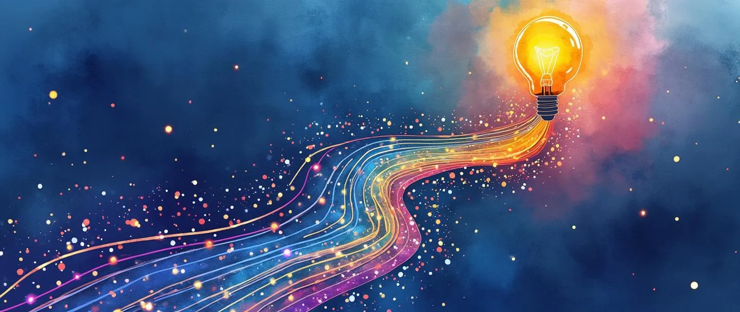 Uma pintura digital em aquarela de uma jornada de dados representada por um caminho sinuoso que leva de um computador através de fluxos de pontos de dados coloridos, conectando-se a uma lâmpada brilhante. Símbolos simples de fluxograma flutuam acima do caminho, com uma bússola guiando a direção. Azuis e roxos vibrantes com toques de dourado, composição minimalista.