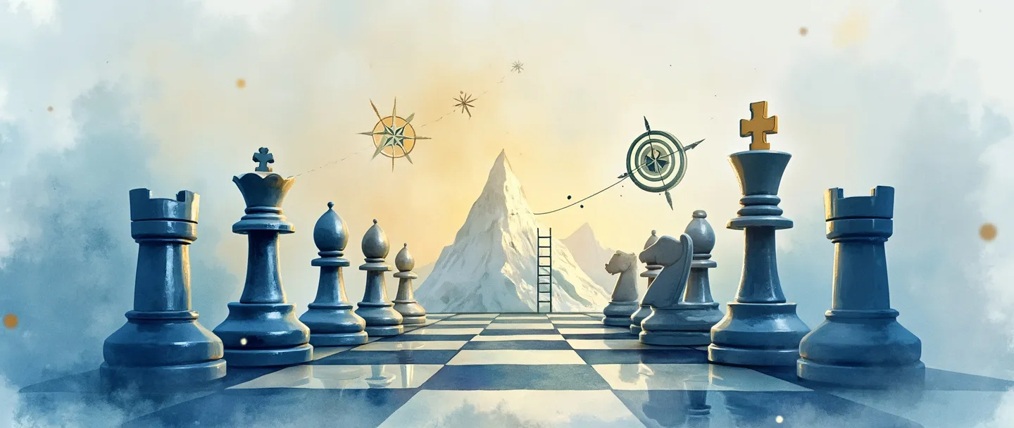 Uma pintura digital em aquarela de um grupo de peças de xadrez estrategicamente posicionadas em um tabuleiro de xadrez simplificado, com algumas peças destacadas por halos sutis e brilhantes. Uma rosa dos ventos e um símbolo de alvo flutuam nas proximidades, enquanto uma pequena escada leva a um pico de montanha no fundo. Composição limpa com paleta de cores azul e dourada sugerindo planejamento estratégico e posicionamento competitivo.