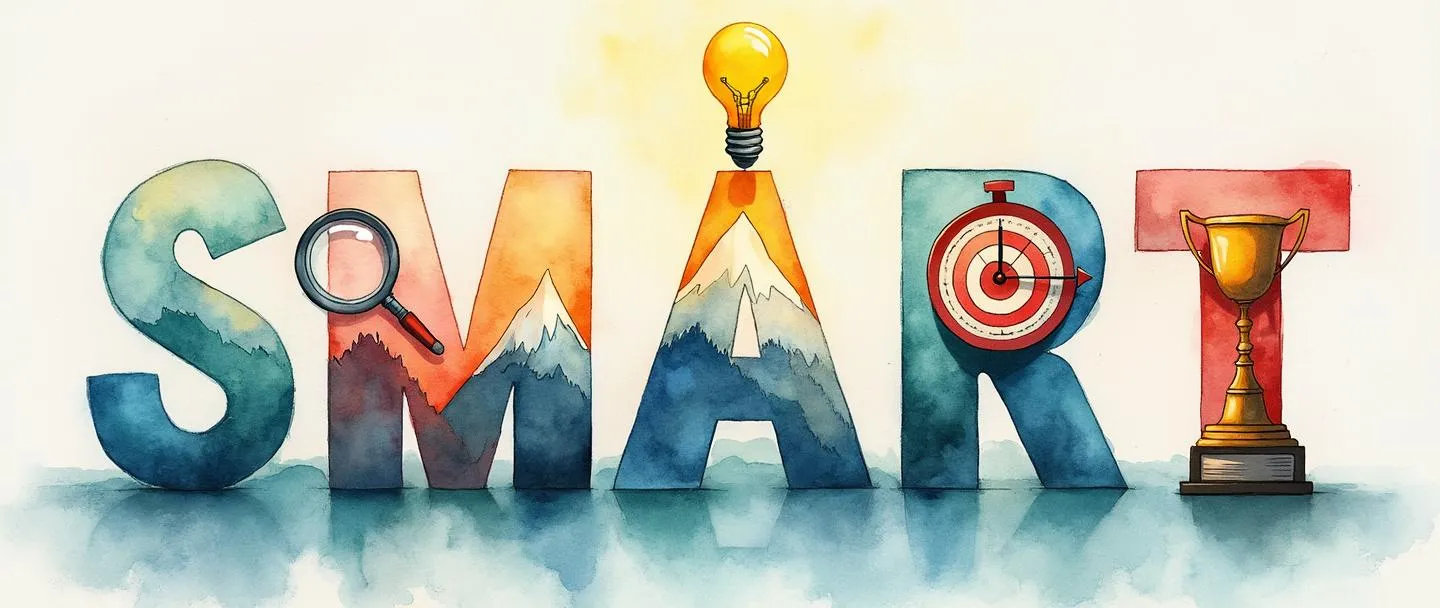 Uma pintura digital em aquarela da palavra "SMART" onde cada letra está criativamente integrada com um elemento diferente: S com uma lupa, M com um pico de montanha, A com um alvo com uma flecha, R com um relógio, e T com um troféu. Uma pequena lâmpada brilha acima da palavra, emitindo uma iluminação suave. Composição simples com cores vibrantes, porém suaves.