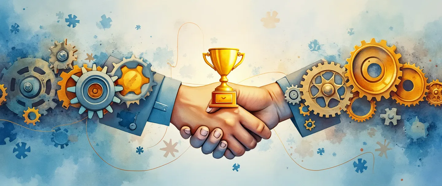 Uma pintura digital em aquarela de uma cadeia de suprimentos representada por engrenagens conectadas fluindo de uma fábrica até um aperto de mãos. A qualidade é mostrada como um troféu dourado brilhante no centro, com peças de quebra-cabeça se encaixando perfeitamente ao longo da cadeia. Composição simples com vibrantes tons de azul e dourado, transmitindo eficiência e excelência.