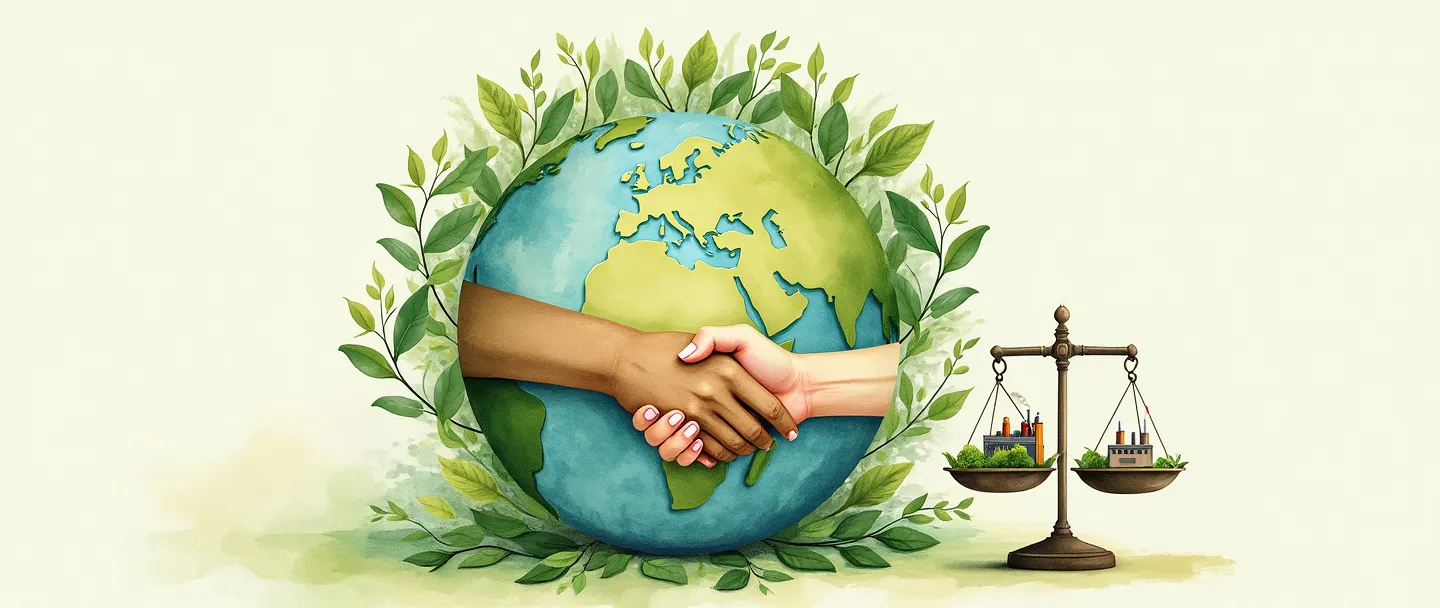 Uma pintura digital em aquarela de um globo cercado por folhas verdes protetoras, com um aperto de mão entre uma mão humana e um galho de árvore. Uma pequena balança está próxima, com uma folha verde de um lado e uma pequena fábrica do outro. Composição simples, tons terrosos, tema de harmonia ambiental.