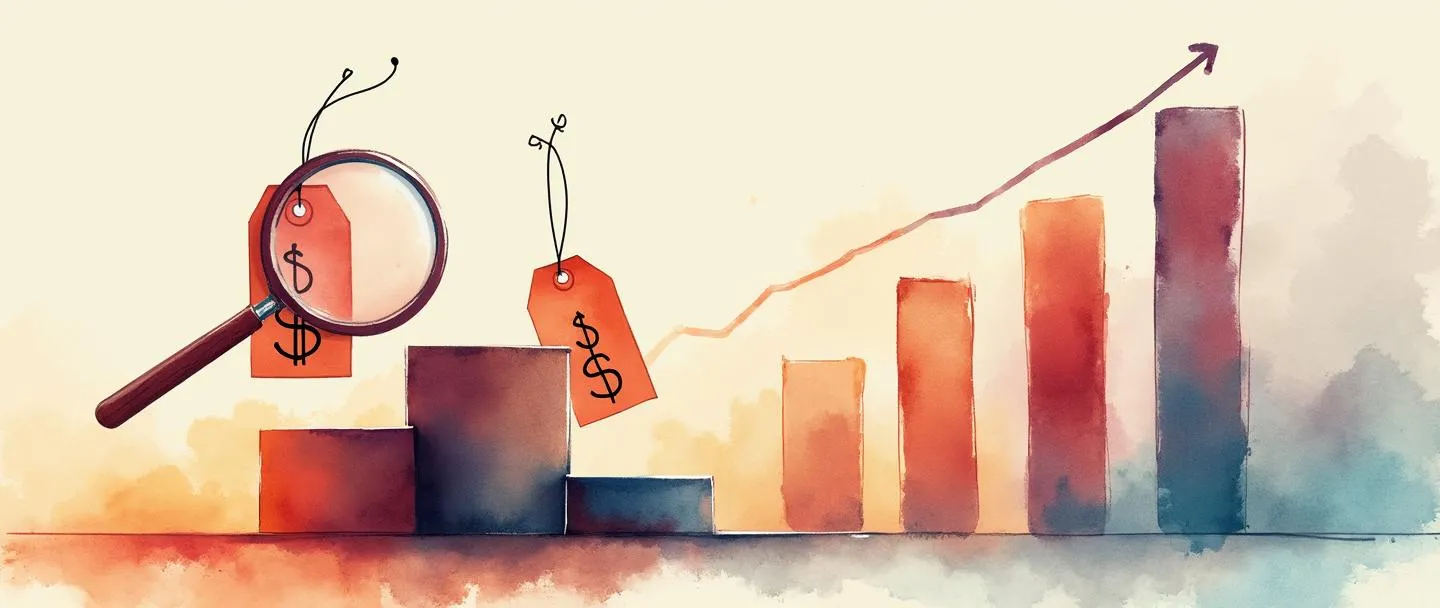 Uma pintura digital em aquarela de etiquetas de preço com valores diferentes competindo em um pódio, com uma lupa pairando sobre a etiqueta vencedora. Um gráfico de barras simples se eleva no fundo mostrando comparação de mercado. Cores quentes, composição limpa, tema de estratégia de negócios.