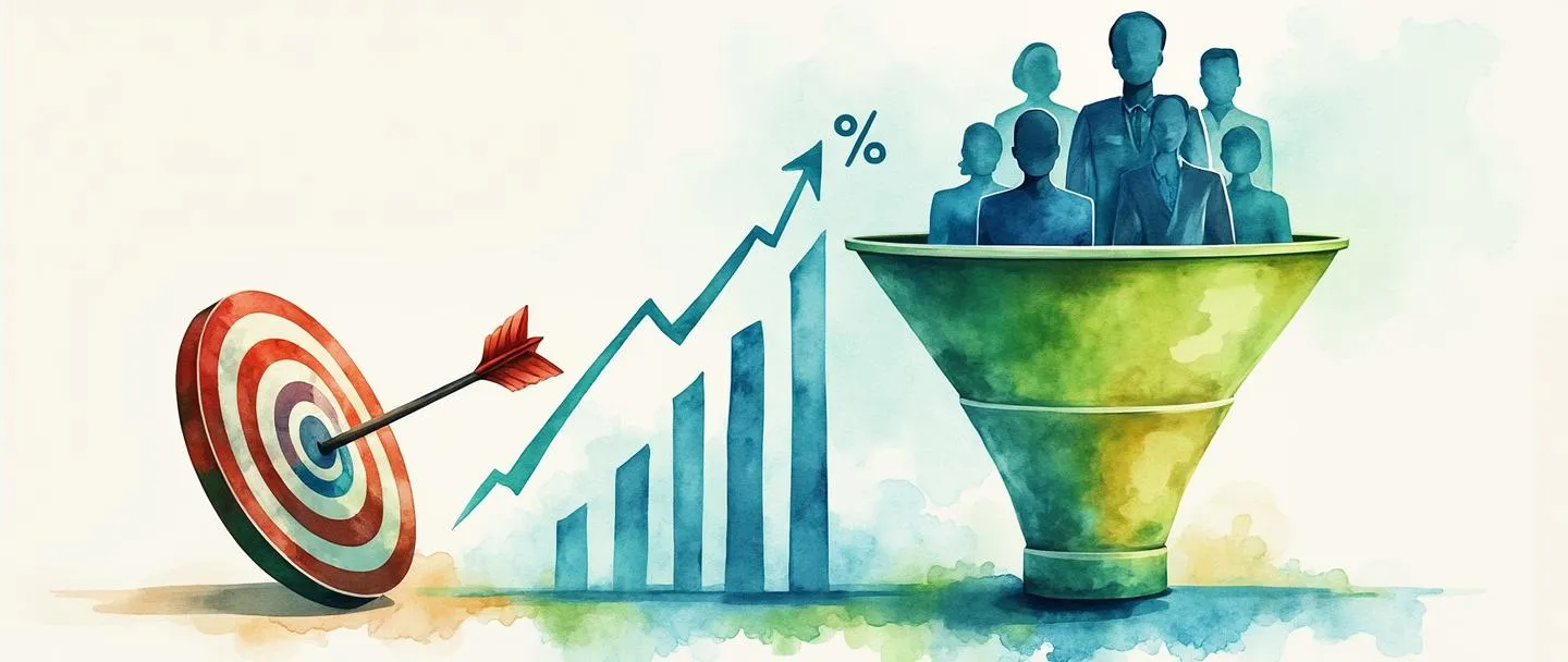 Uma pintura digital em aquarela de um funil transformando visitantes do site em clientes, com um símbolo de porcentagem e um gráfico com tendência ascendente ao lado. Um alvo com uma flecha atingindo o centro conecta-se à extremidade estreita do funil. Composição simples, tema de métricas de negócios, usando azuis e verdes vibrantes.