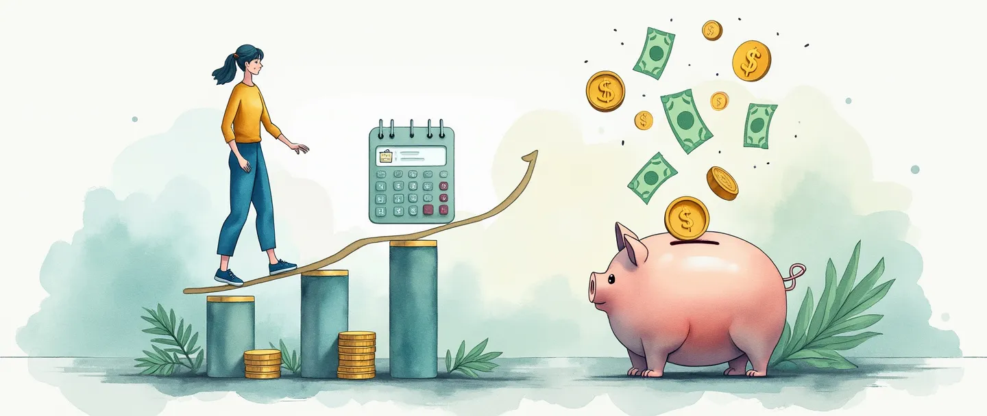 Uma pintura digital em aquarela de uma pessoa se equilibrando em um gráfico de barras enquanto organiza moedas e notas flutuantes em um cofre de porquinho. Uma calculadora e um calendário pairam nas proximidades, com um escudo protetor envolvendo a cena. Composição simples, tons suaves de azul e verde, transmitindo controle financeiro e segurança.