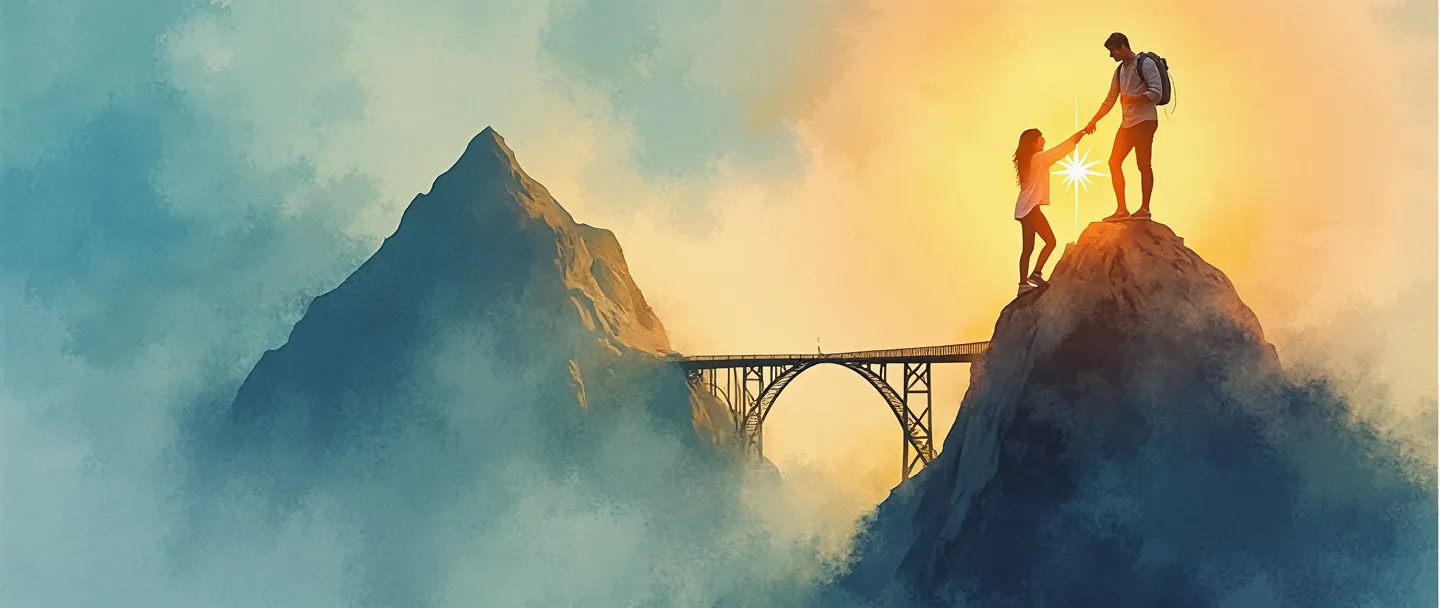 Uma pintura digital em aquarela de uma figura em pé no pico de uma montanha, estendendo a mão para ajudar outros a subirem. Uma bússola em sua outra mão brilha com propósito, enquanto uma ponte conecta dois picos ao fundo. Cores quentes e inspiradoras com uma composição simples transmitindo orientação e visão.