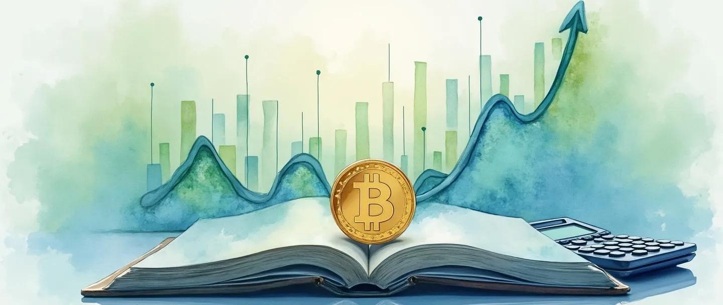 Uma pintura digital em aquarela de um livro aberto com gráficos e tabelas financeiras fluindo de suas páginas. Uma pequena moeda dourada repousa em uma página enquanto um gráfico de linha simples com tendência ascendente emerge da outra. Uma calculadora descansa ao lado do livro. Composição limpa com tons suaves de azul e verde, transmitindo organização financeira e conhecimento.